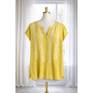 J Jill Popover Top Yellow White Embroidery Boho Cotton Modal Knit Lightweight 2x